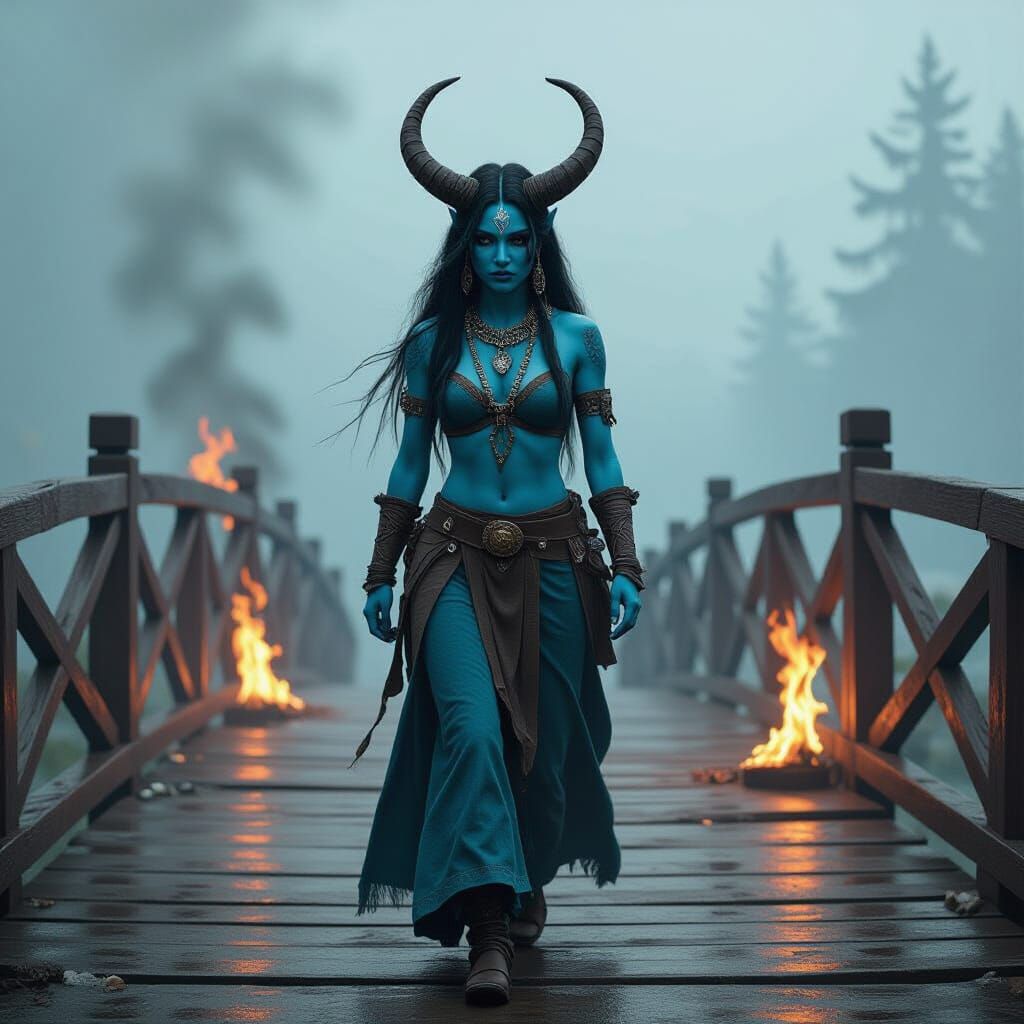 Dejected Blue-Skinned Shaman Flees Burning Bridge