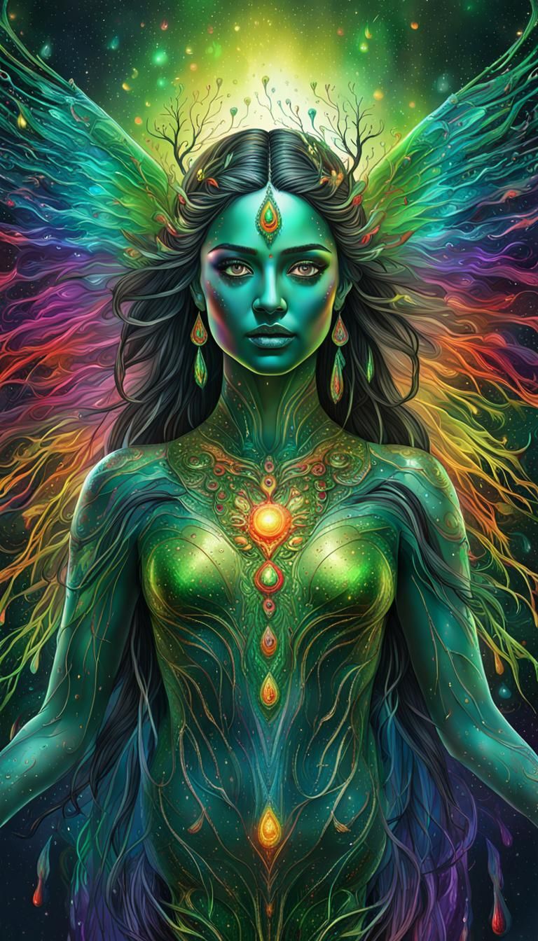 Indian Goddess with Rainbow Wings in Cosmic Style