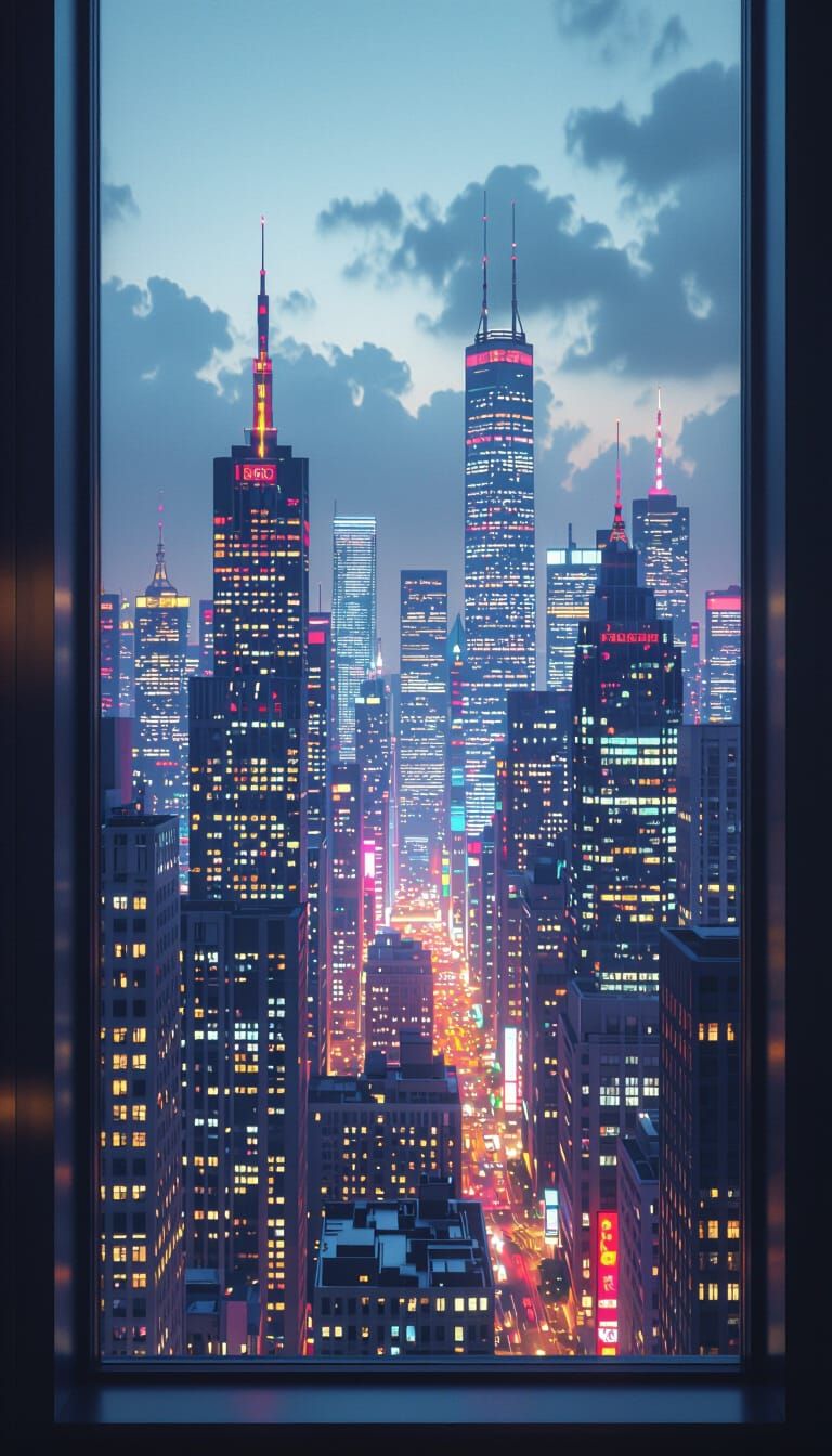 Neon Metropolis View Through a Window at Night