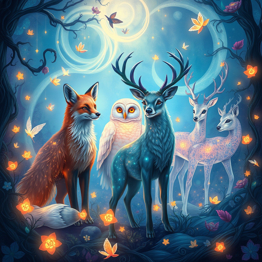 Glowing Animals in Mystical Forest, Digital Art