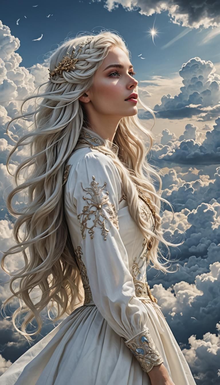 Ethereal Cloud Girl with Long White Hair