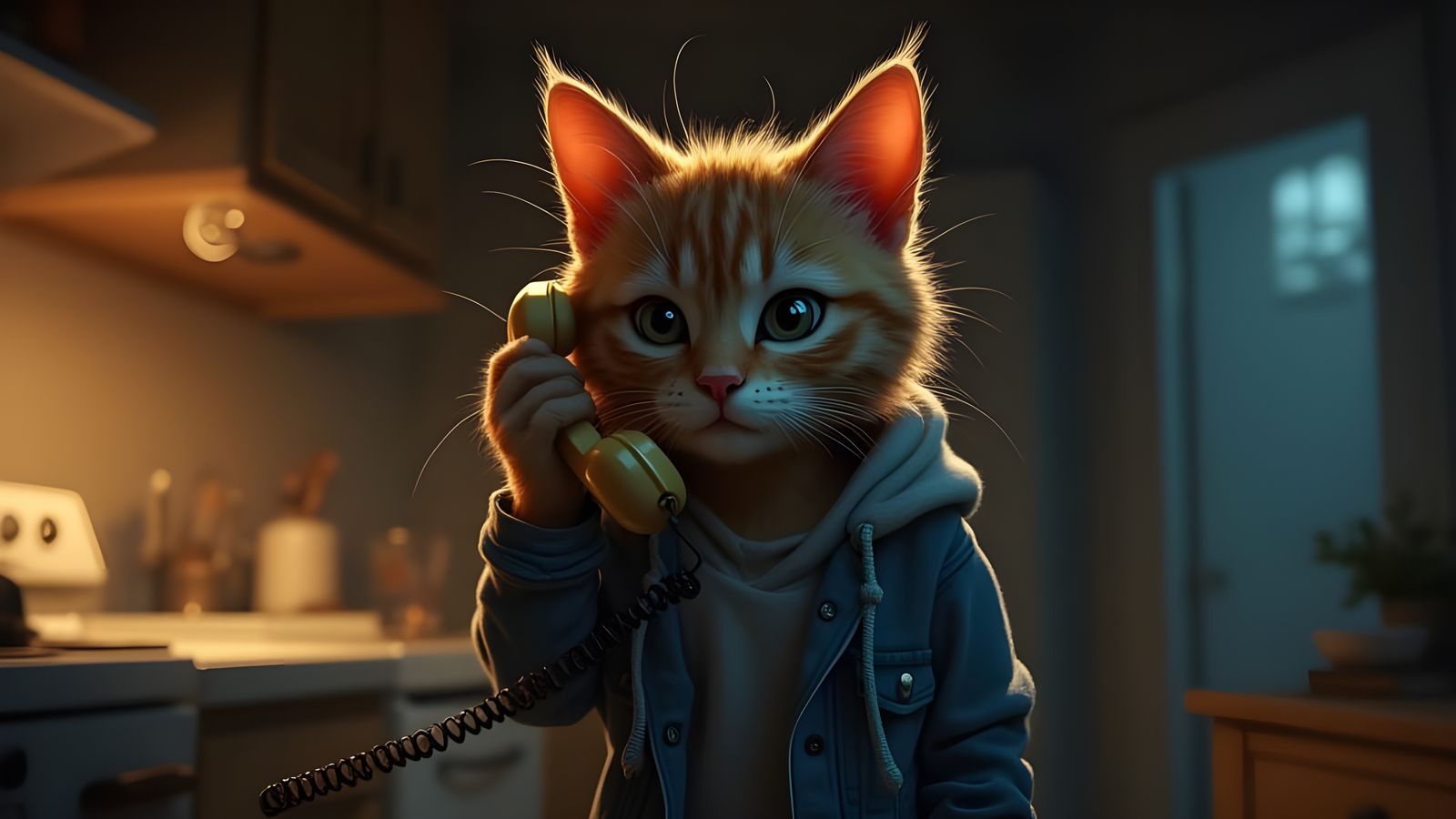 Terrified Teenage Cat in Kitchen, Digital Painting