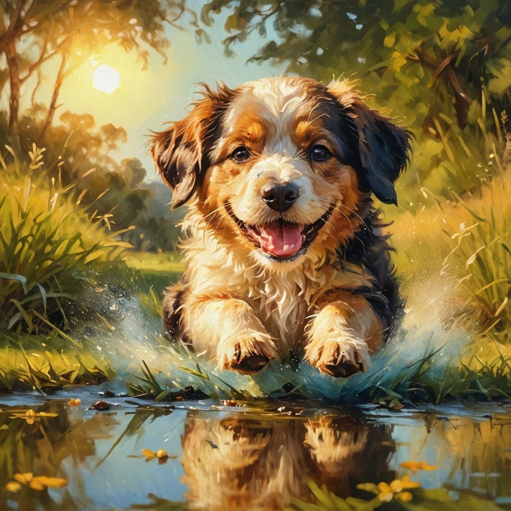Happy Dog in Meadow: Australian Tonalism Oil Painting