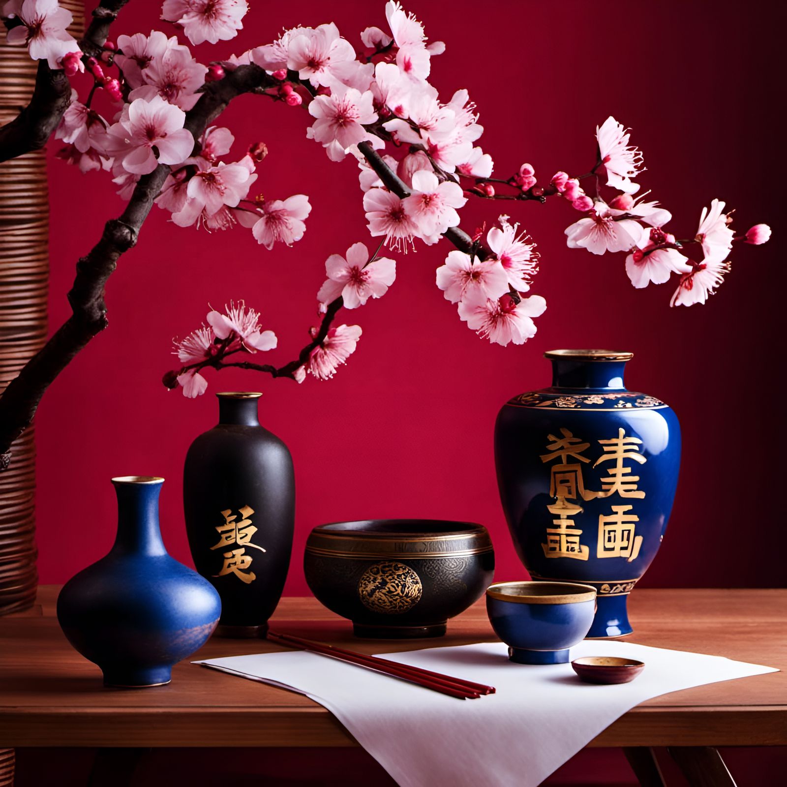 Chinese Still Life with Sakura and Hieroglyphs