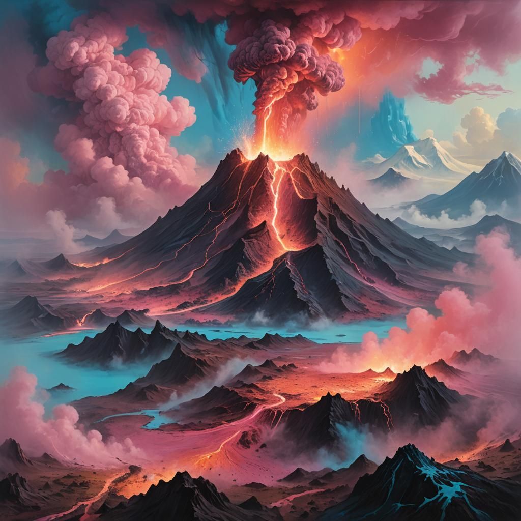 Pink Volcano Eruption in Fantasy Landscape