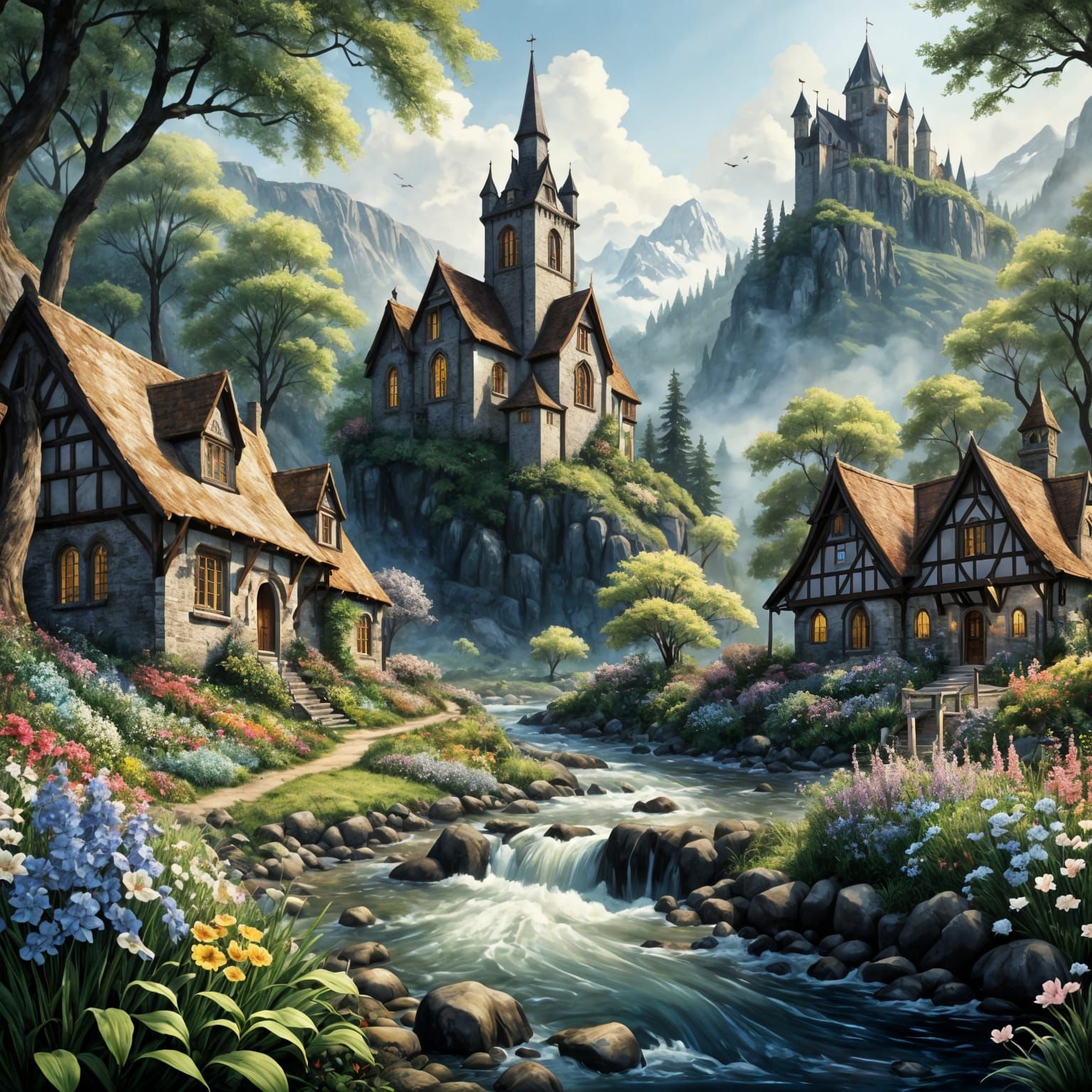 Whimsical Watercolor Scene of a River Landscape with Thatche...