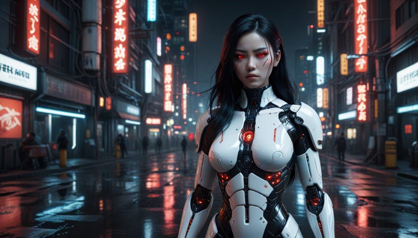 Cyberpunk Android Gynoid with Glowing Eyes in Neon City