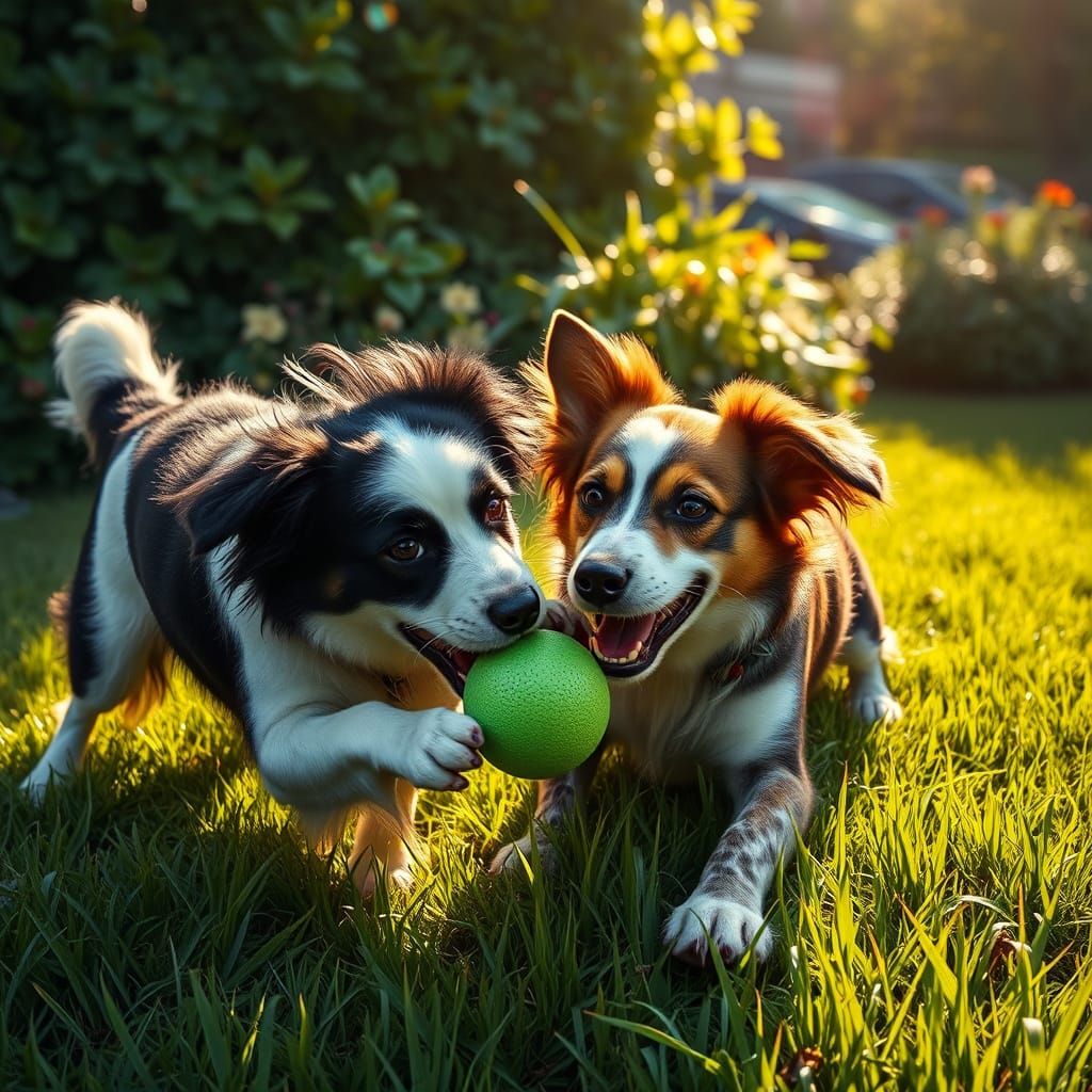 This delightful image showcases two playful dogs engaging wi...