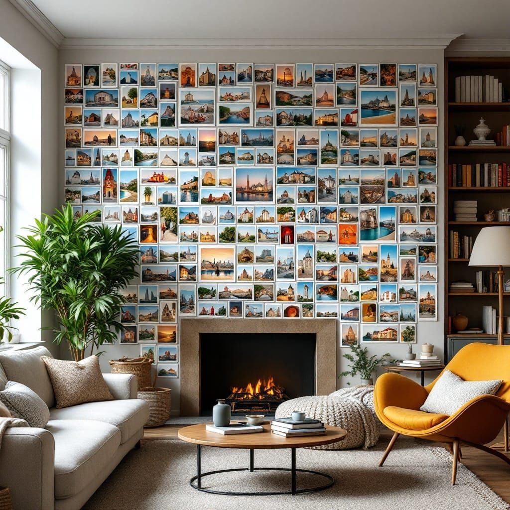 Cozy Living Room Collage with European City Landmarks