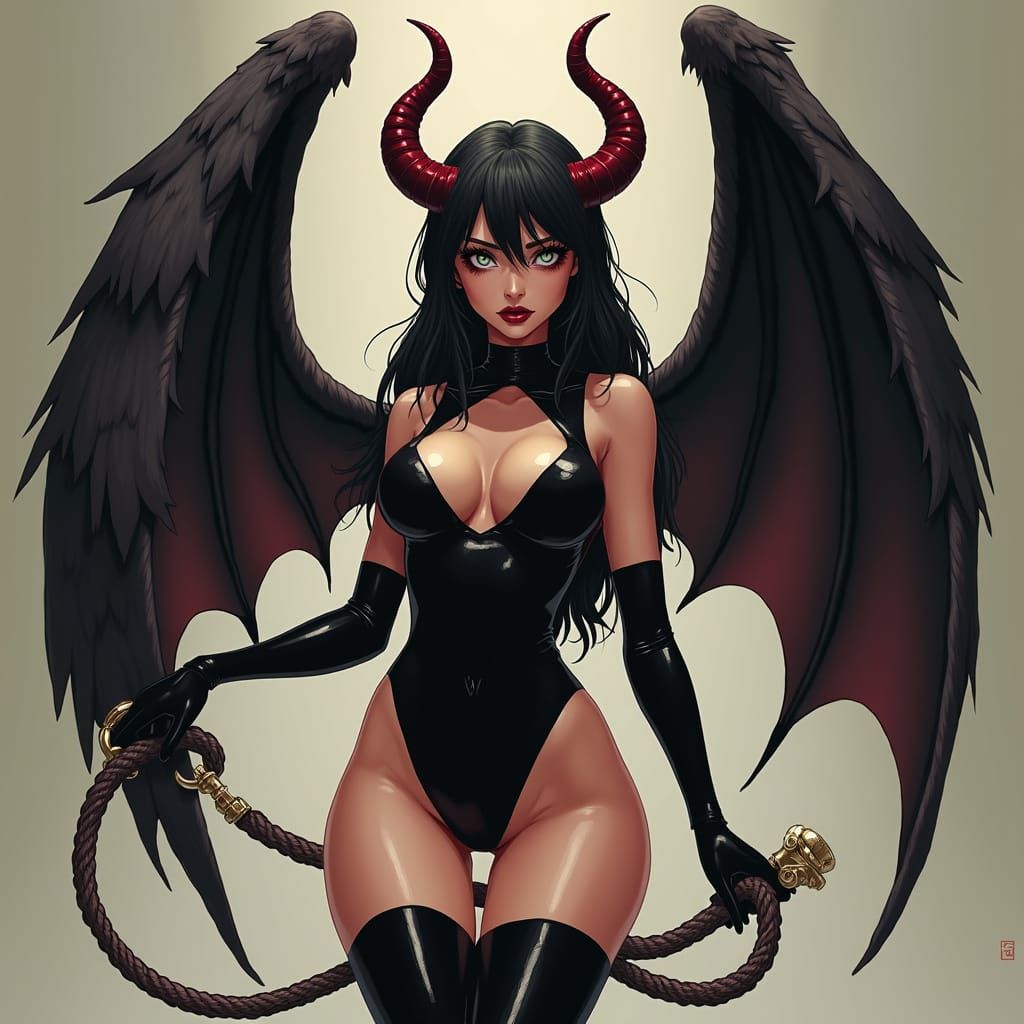 Demon Woman with Bullwhip in Gritty Anime Style