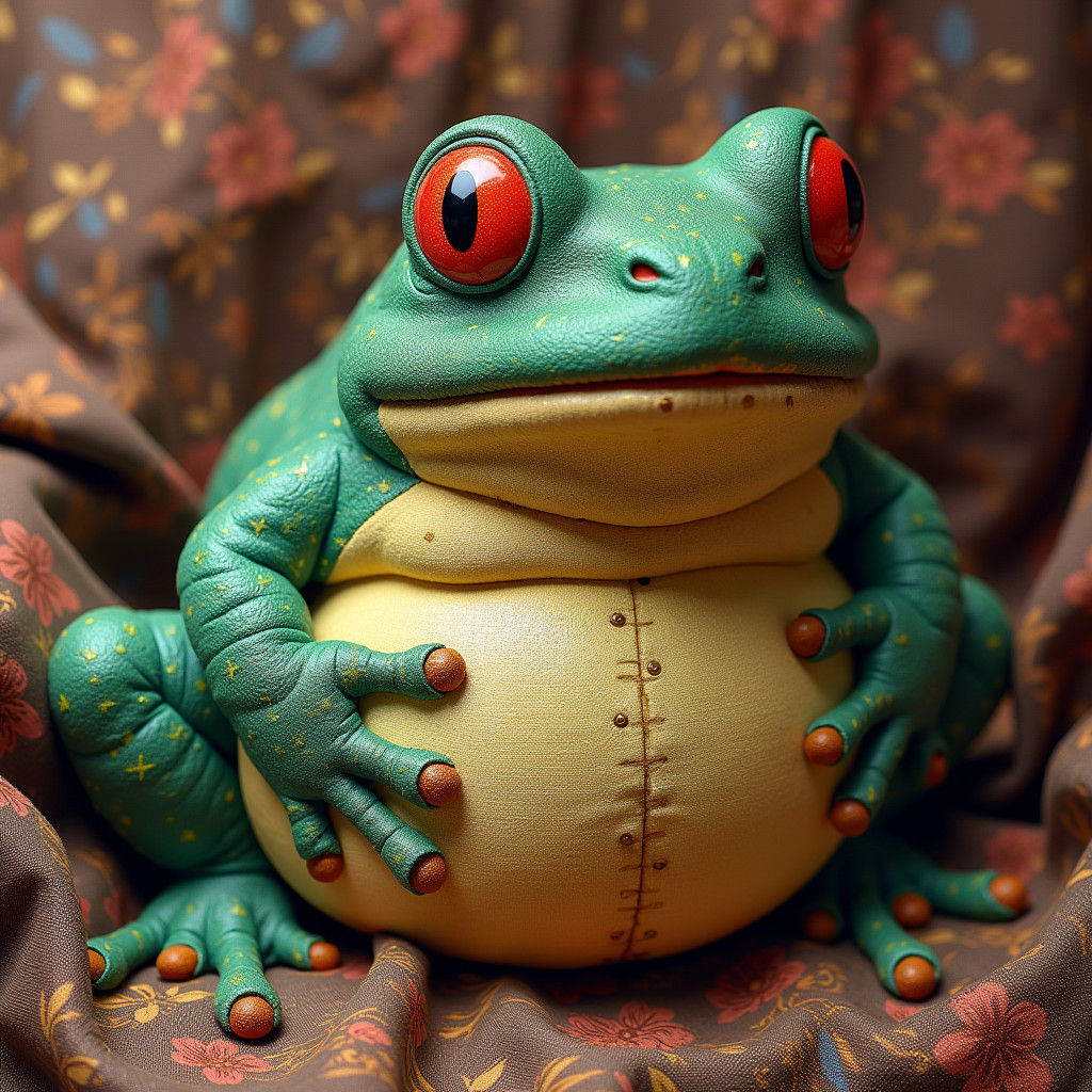 Hand-Embroidered Frog-Cat in 8K Hyperrealism