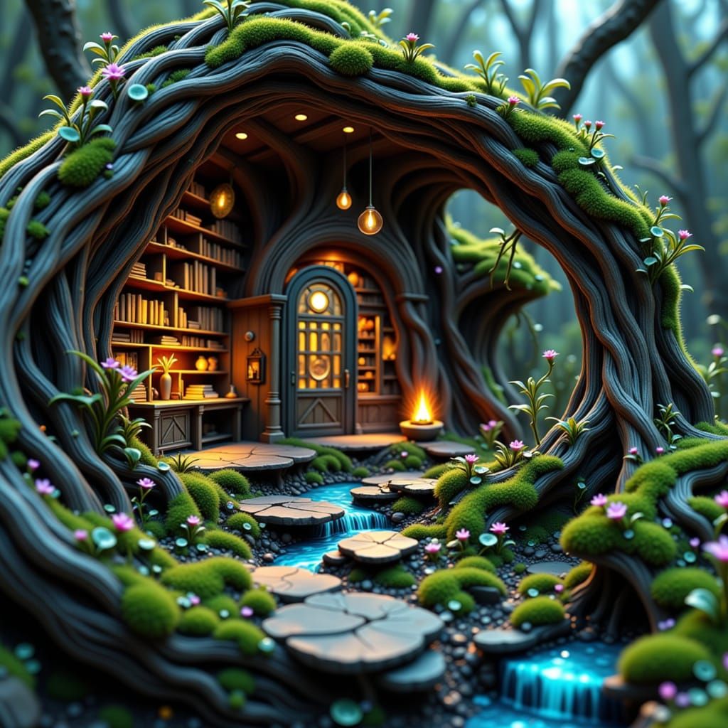 Miniature Bioluminescent Library in Bonsai Tree