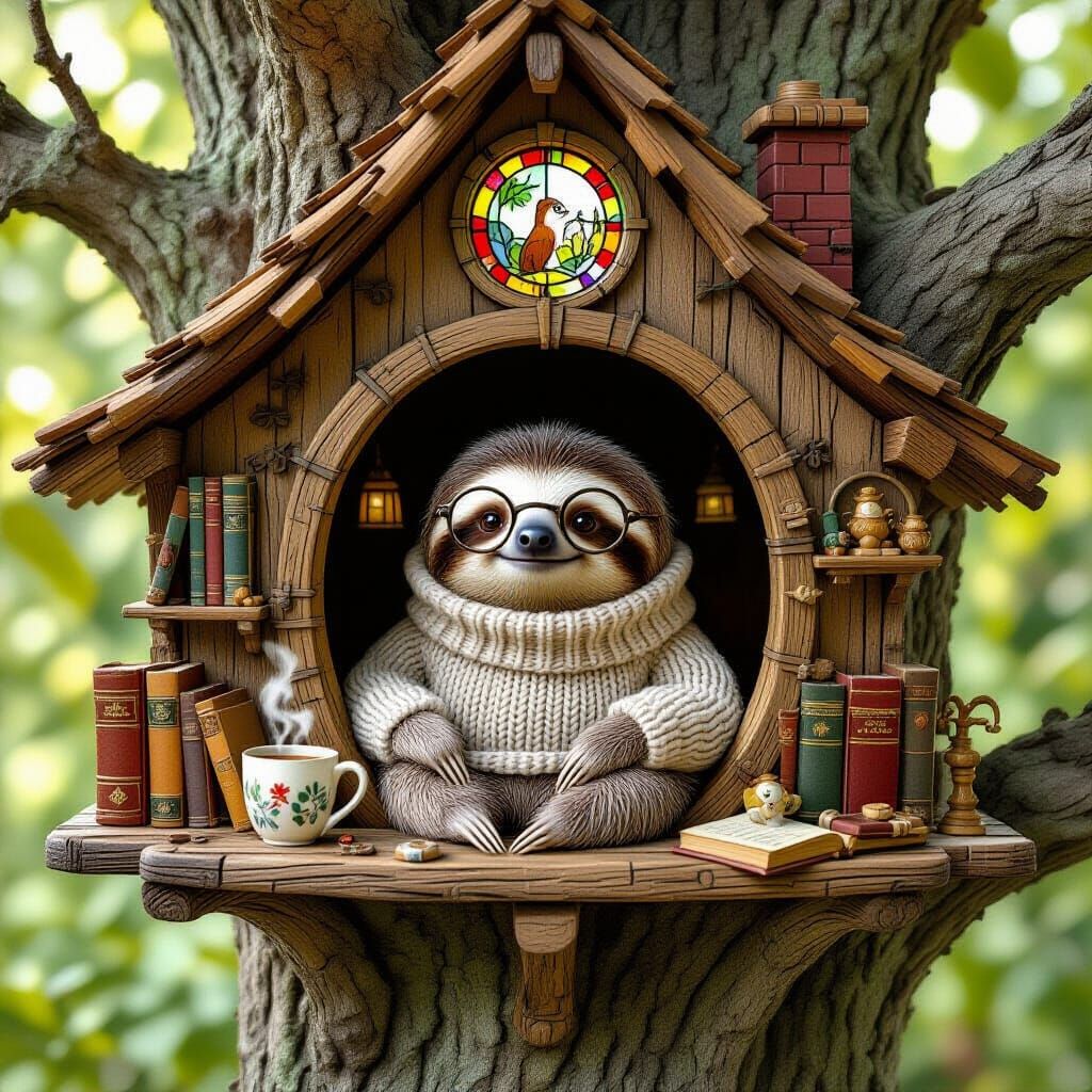Cozy Sloth in Fantastical Treehouse, Children's Book Style