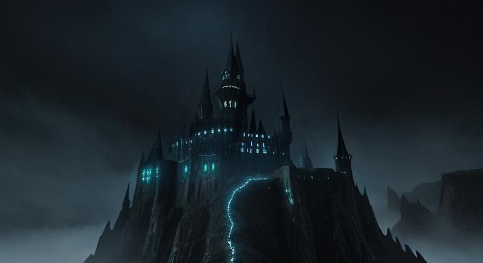 Photorealistic Castle of Doom in a Foggy Stormy Night