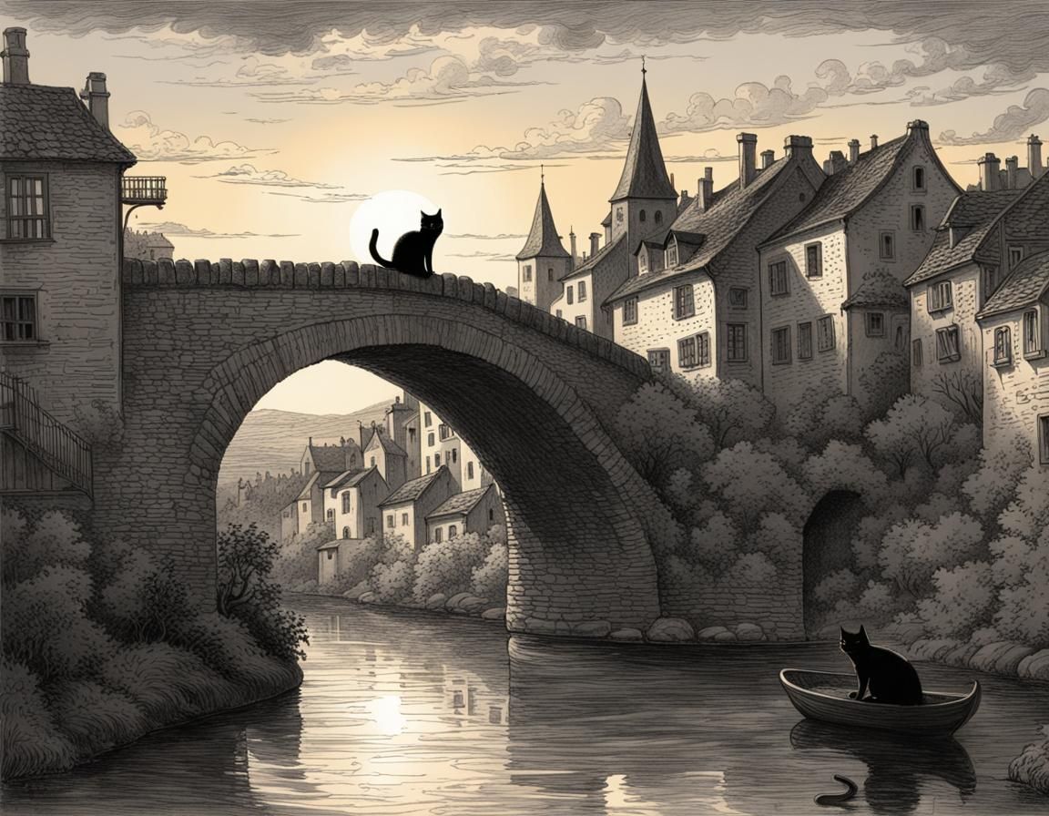 Black Cat Watches Sunset over Medieval Town