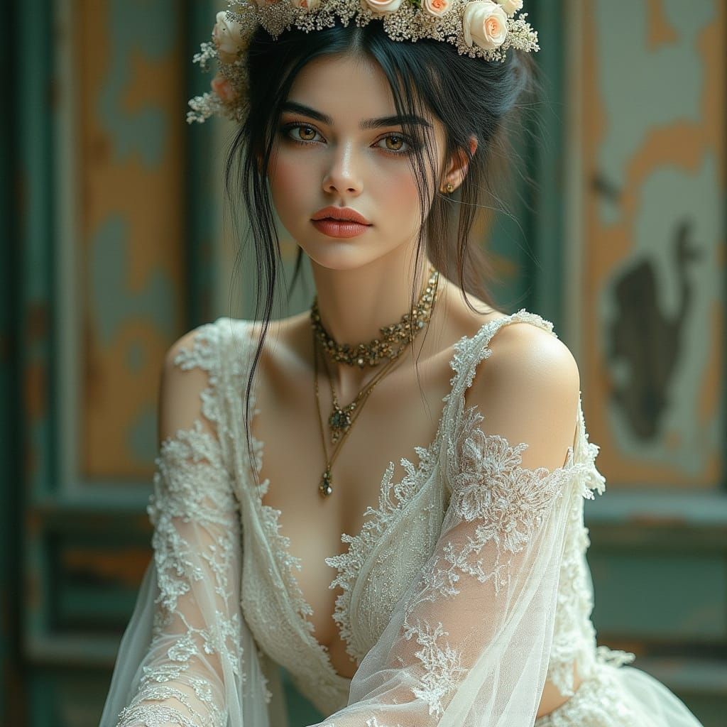 Romantic Woman in Tattered Lace Gown