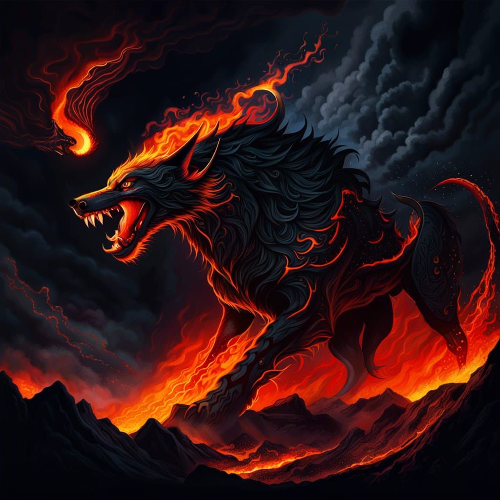 Fenrir Battles Fire and Lava Under Dark Sky
