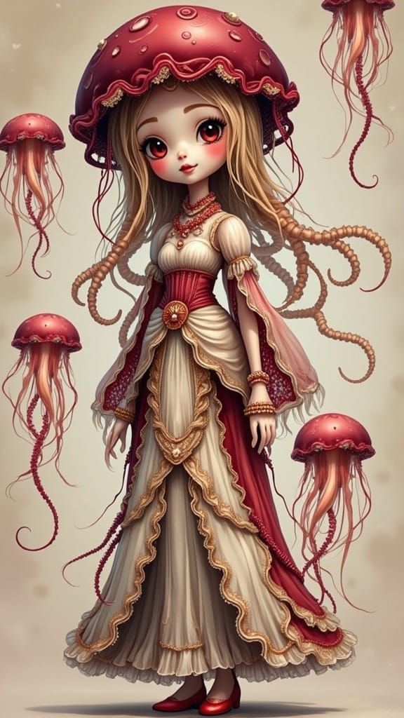 Adorable Jellyfish Princess in Crimson and Beige