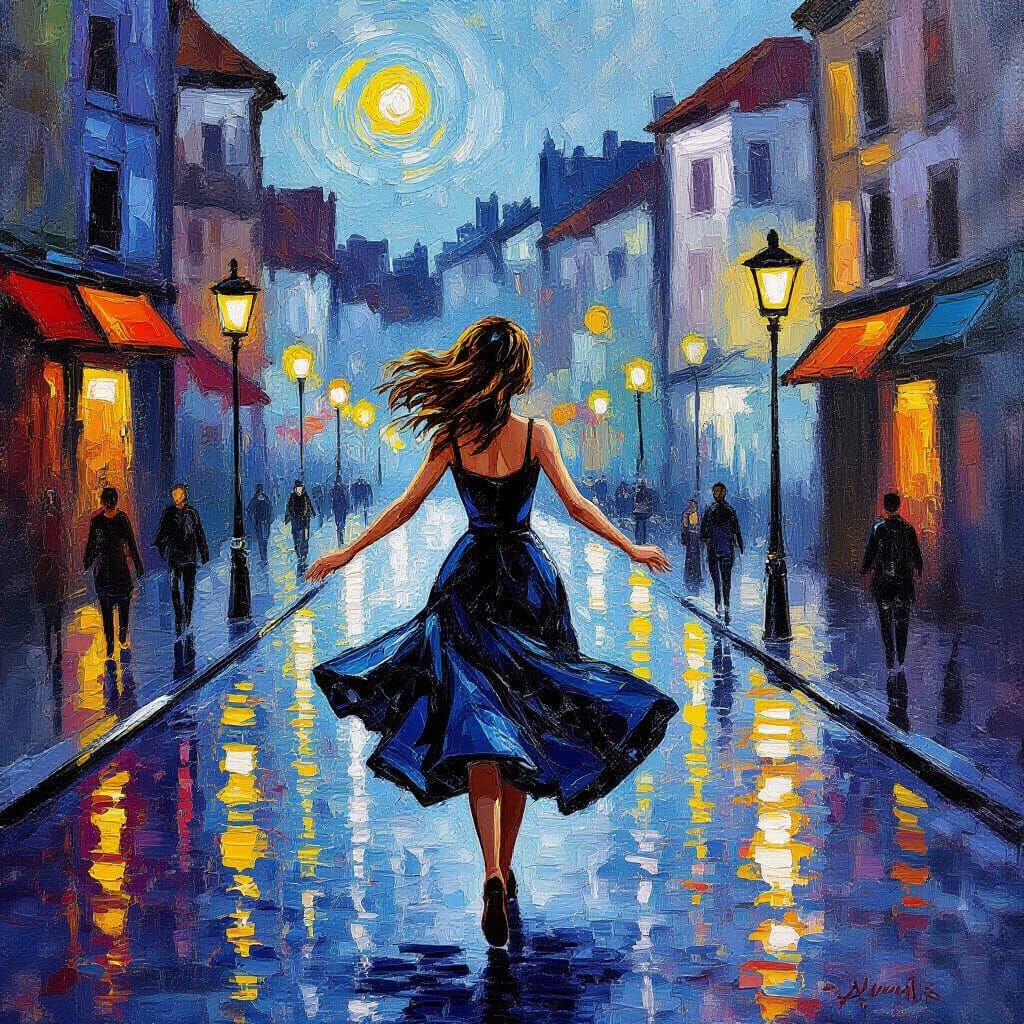 Joyful Woman in Black Dress Runs Through City Streets