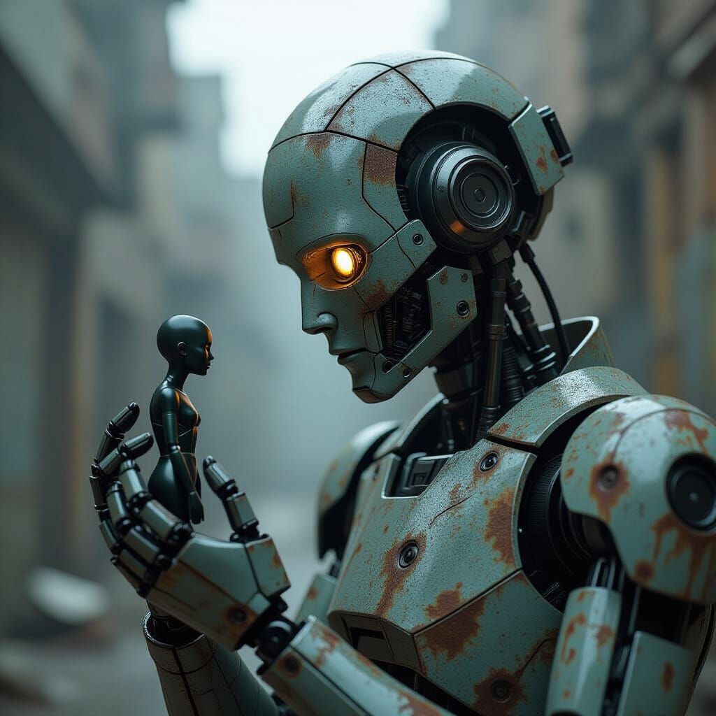 Dilapidated Robot Holds Figure in Post-Apocalyptic Scene