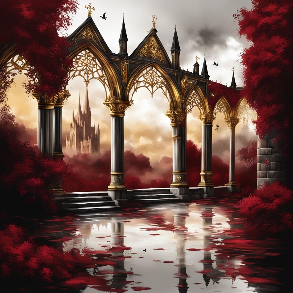 Clean oil painterd airbrush illustration of gothic romantic scenery,
Isolated, 
Dark Red, Black and Gold Color Scheme, 
...