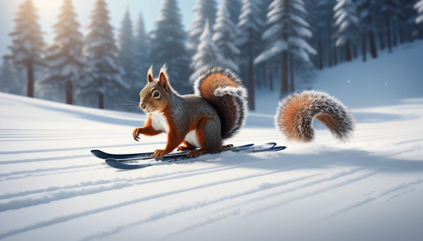 Squirrel Skiing Down Snowy Slope in Bright Sunlight