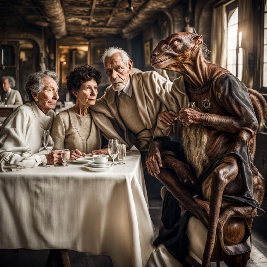 Exotic Alien Celebration in Surreal Restaurant