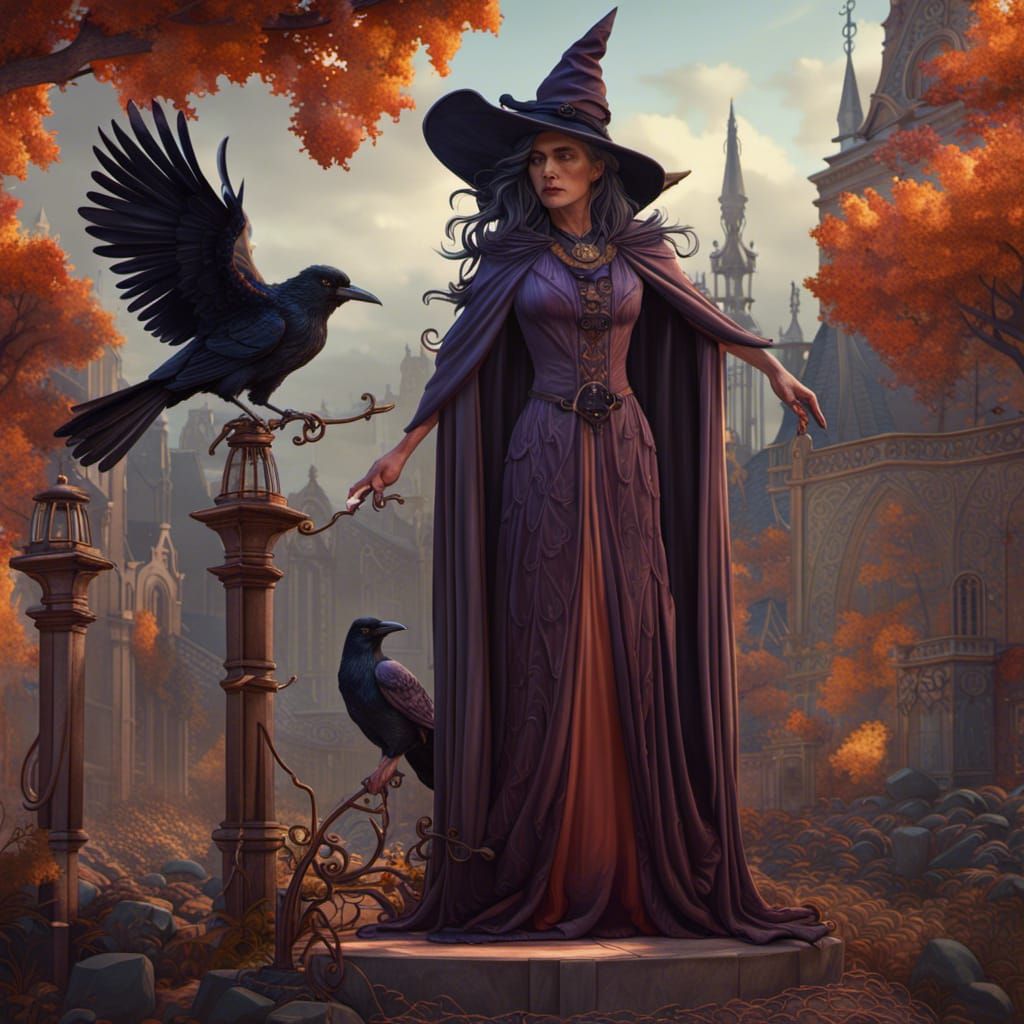 Art Nouveau Witch and Raven in Detailed Painting