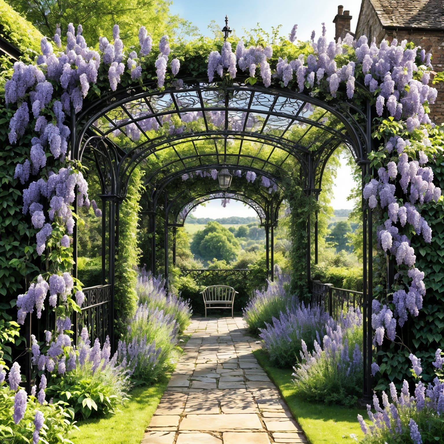 English Garden Pergola Covered in Wisteria
