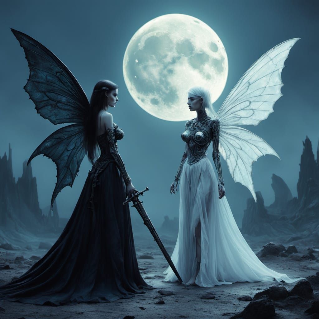 Cyborg Golem Fairies Traverse Dark Fantasy Landscape