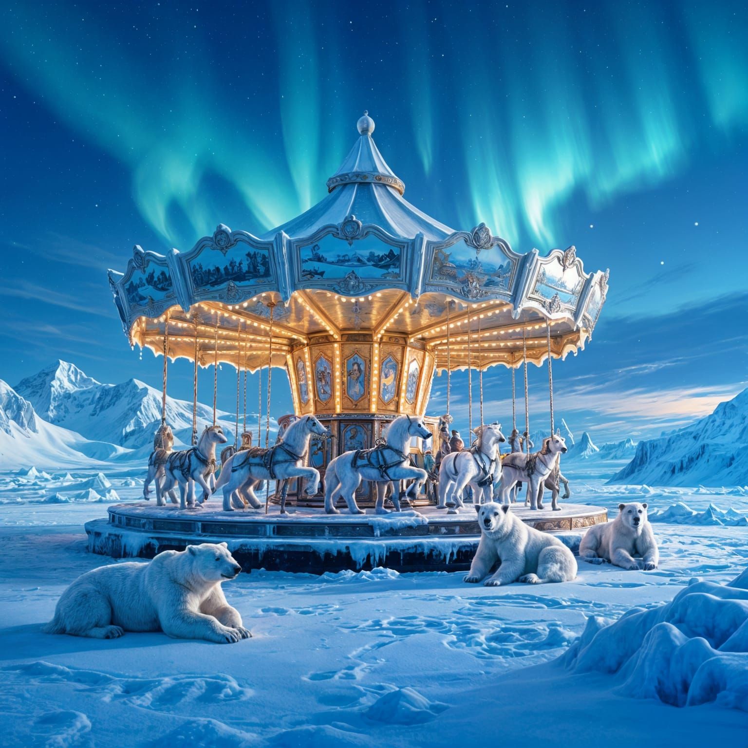 Arctic Carousel with Polar Bears Under Aurora Sky
