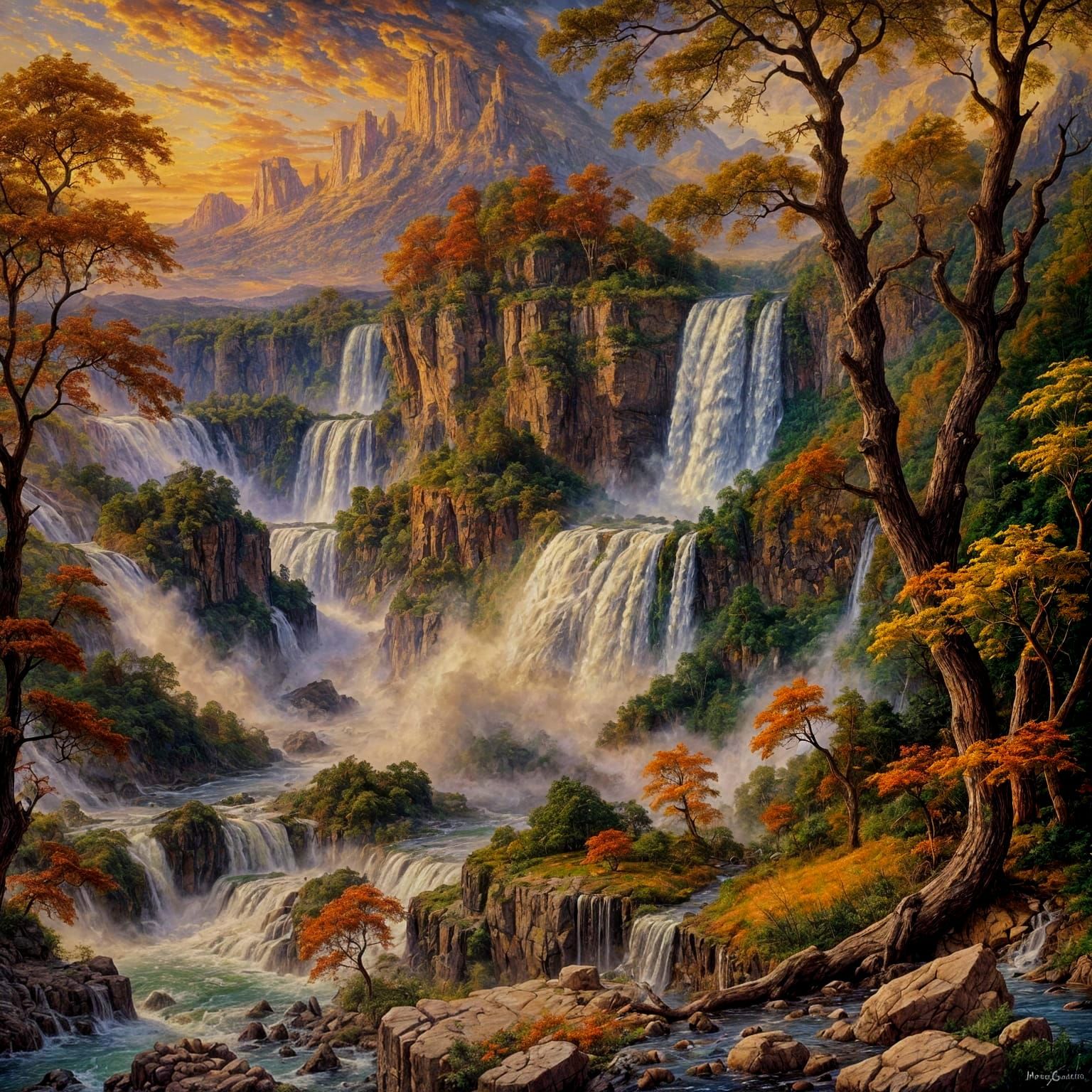 Niagara Waterfall in Rocky Landscape: Baroque Oil Painting