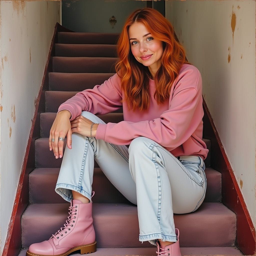 Vibrant Young Woman in Cozy Setting, Mixed Media Artwork wit...