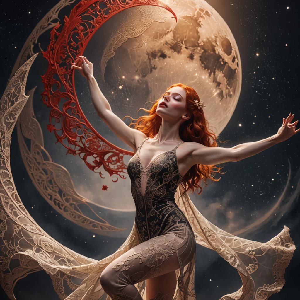 Redhead Dancer Under Crescent Moon: Concept Art