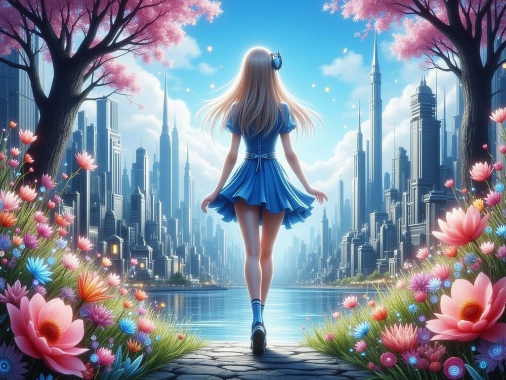Female anime Alice like character walking towards viewer, th...