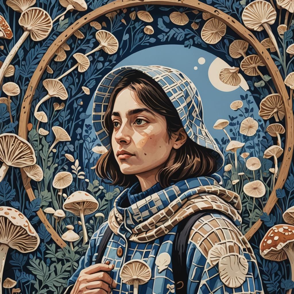 Mushroom Harvesters: A Linocut-Inspired Scene