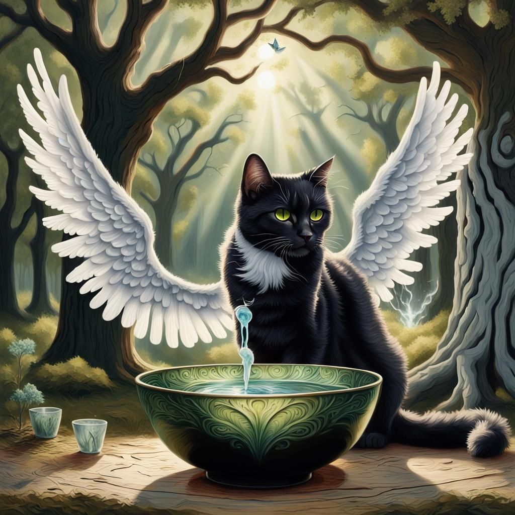 Angel Winged Cat Drinking: Hyperrealistic Action Painting
