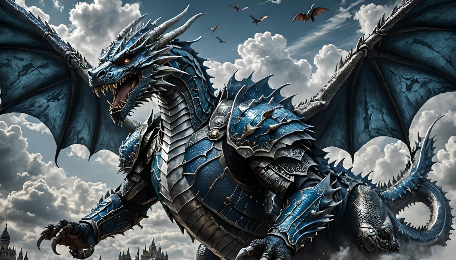 Armored Dragon Soaring Through Cloudy Sky