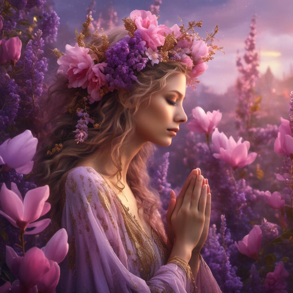 Fantasy Portrait of Woman with Flowers in Hair