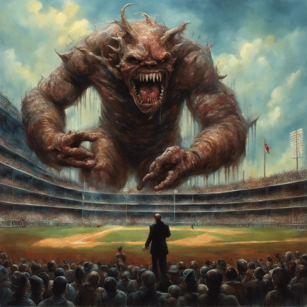 Bizarre Giant Eats Crowd: Unsettling Baseball Painting
