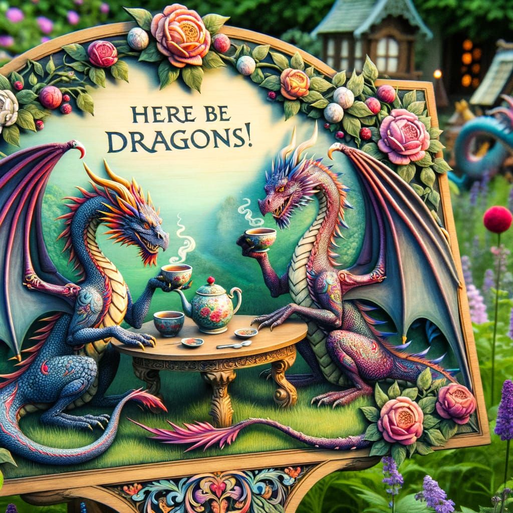 Dragons Tea Party in Illuminated Garden Scene