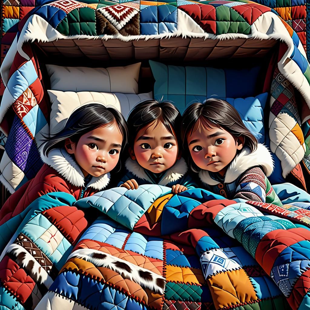 Inuit Children Under Fur Quilt: Detailed Matte Painting