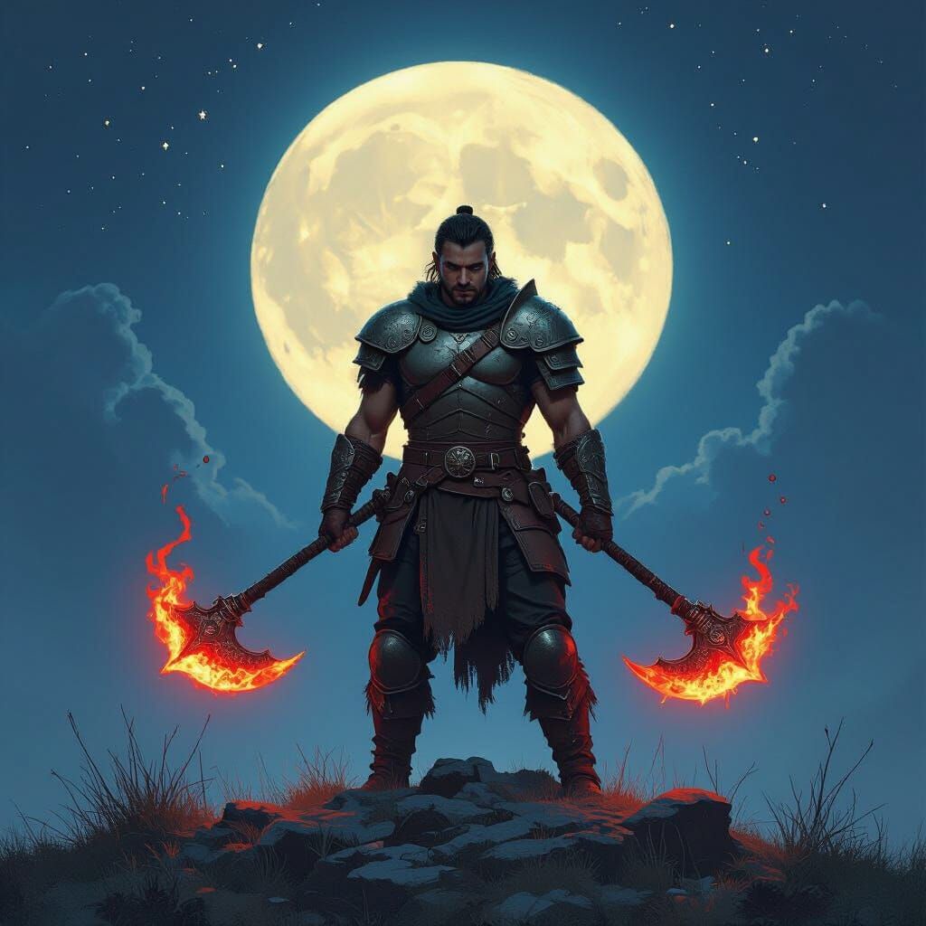 Warrior with Enchanted Axes Under Full Moon