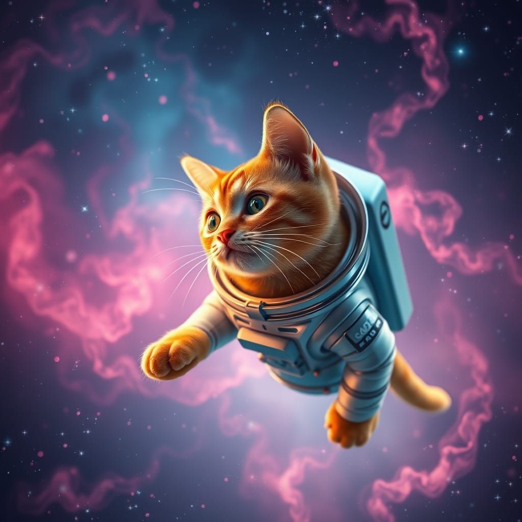 Astronaut Cat Drifting Through Space in Digital Art