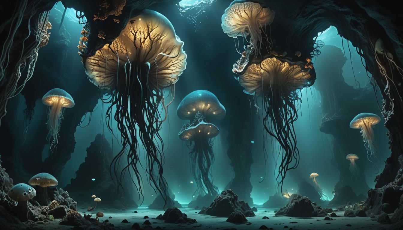 Ancient Undersea Caverns in Dark Fantasy Style