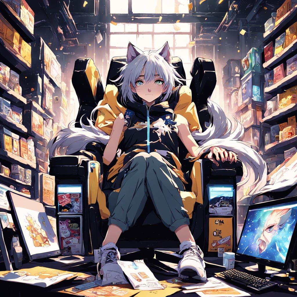 Anime Style Grey-Haired Wolf Girl Relaxing in Gaming Chair