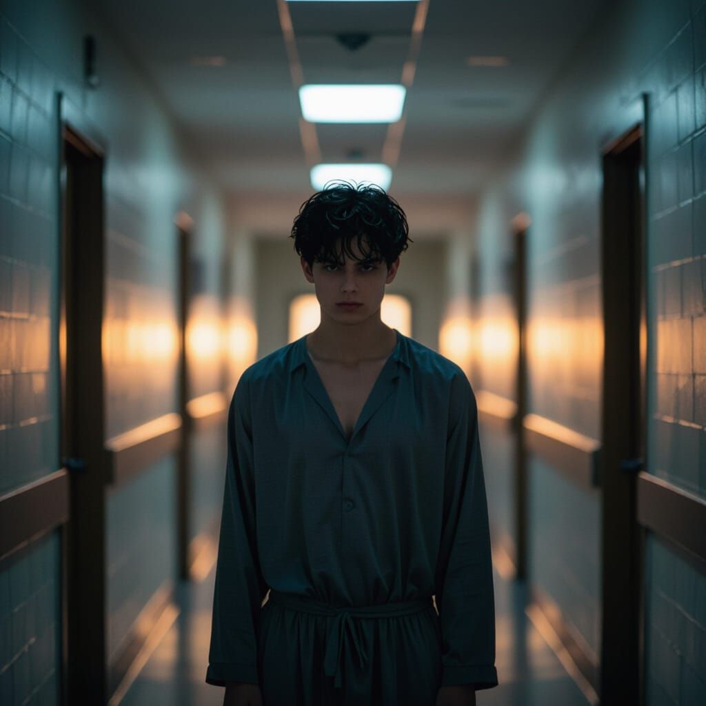 Mysterious Teenager in Quiet Hallway at Dusk