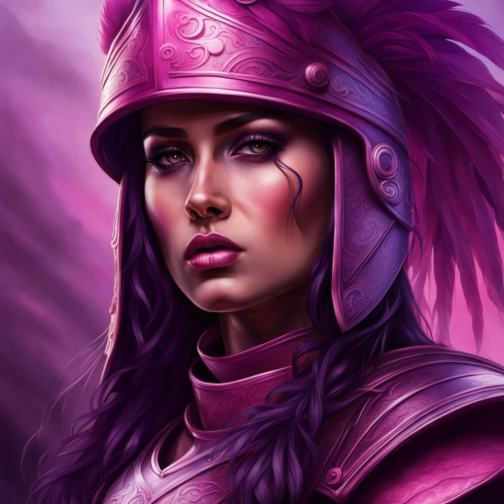 Sad Female Warrior Portrait in Pink and Purple