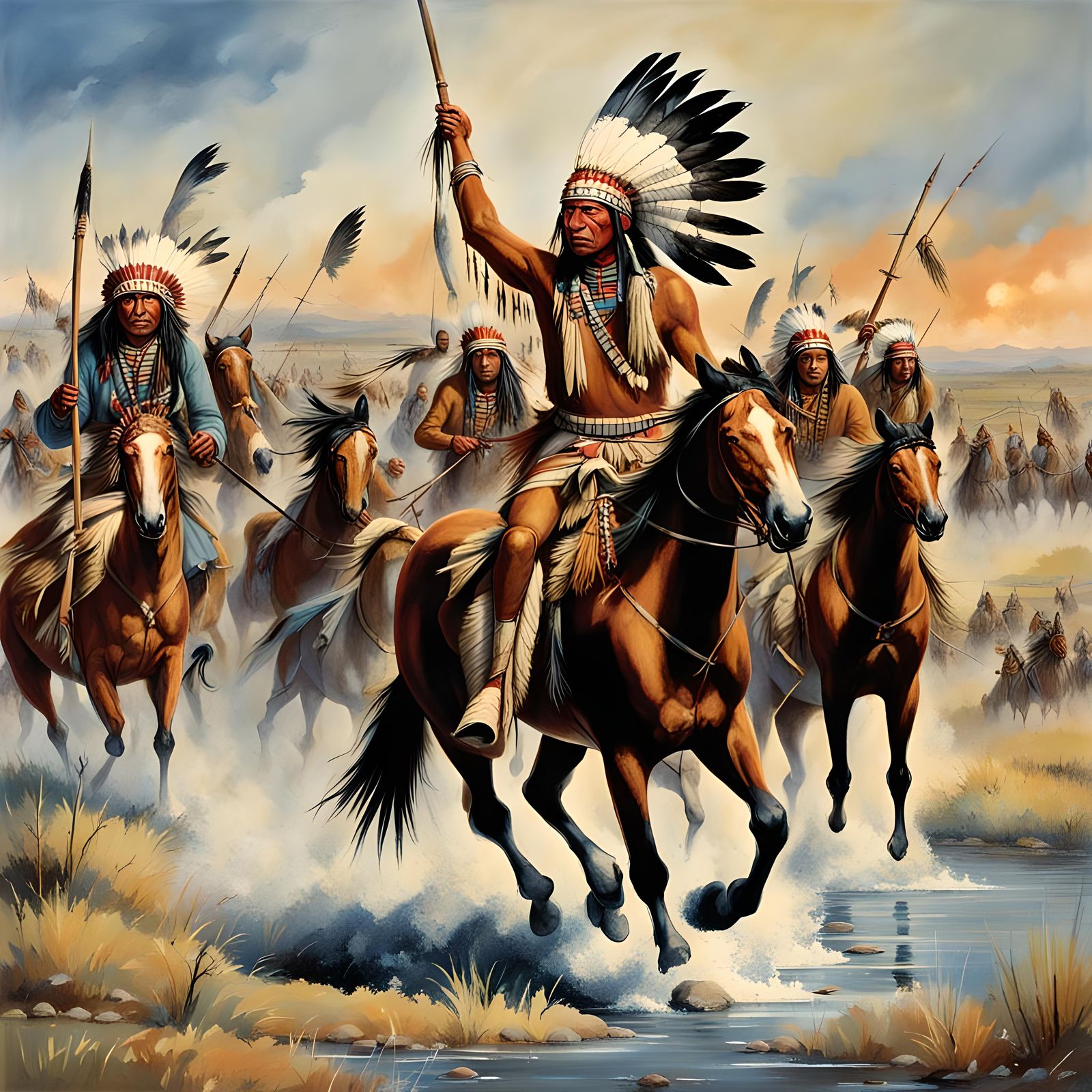 Sioux and Cheyenne Warriors Clash with Crow