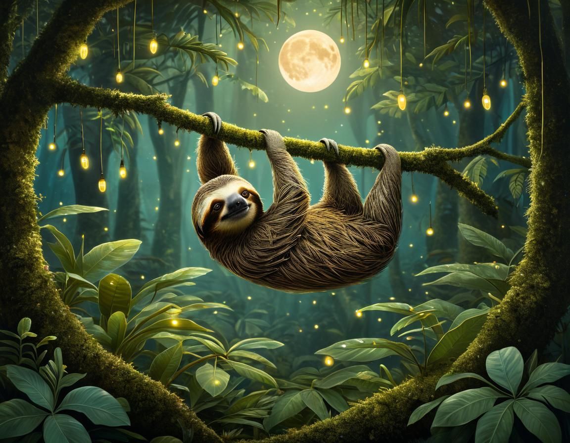 Magical Sloth in Bioluminescent Rainforest Illustration